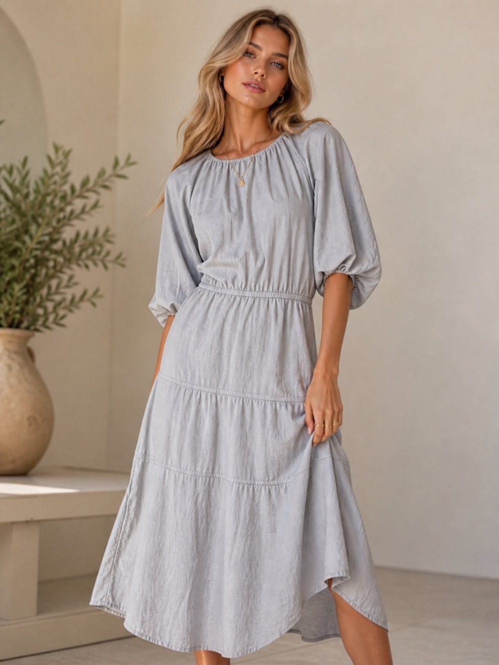 Concept Gray Puff Sleeve Midi Dress Size S Effortless Chic Minimalist